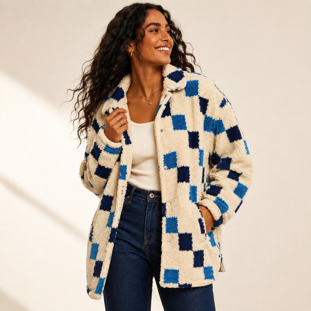 Madewell Shirt Jacket XXL Sherpa Cream Blue Checkerboard ReSourced Shacket Cozy